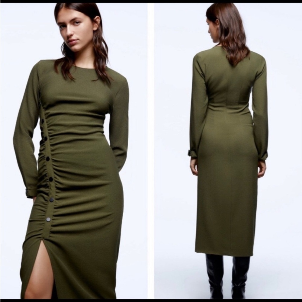 Zara Nwt Khaki Draped Midi Dress